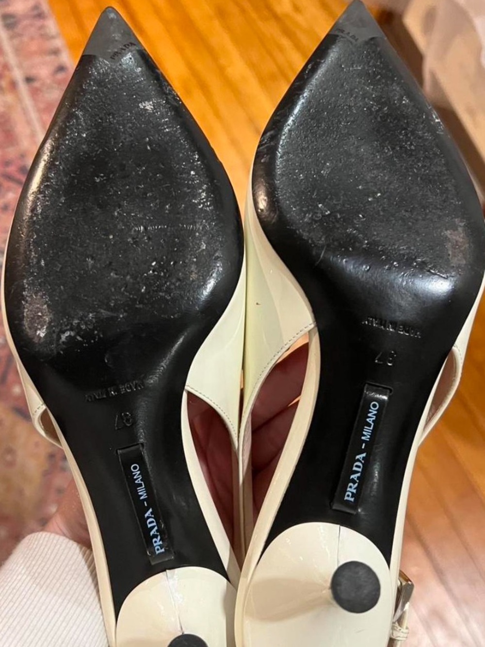 PRADA Ivory Patent Leather Pointed Toe Heels, Size 7 - Picture 9 of 10